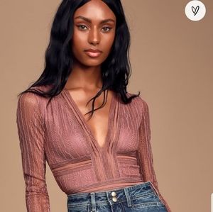 Lulu's Casita Mauve Pink Sheer Lace Long Sleeve Bodysuit